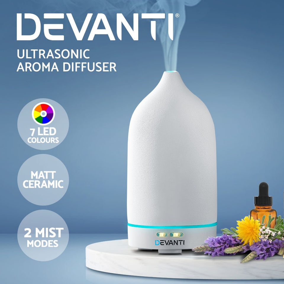 Devanti Ceramics Aroma Diffuser Aromatherapy Essential Oil Air Humidifier Ultrasonic Cool Mist White - KRE Group