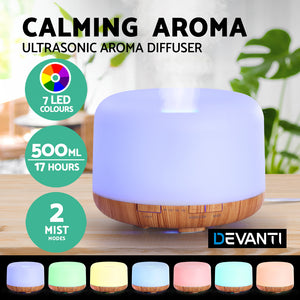 DEVANTI Aroma Diffuser Aromatherapy LED Night Light Air Humidifier Purifier Light Wood Grain 500ml - KRE Group