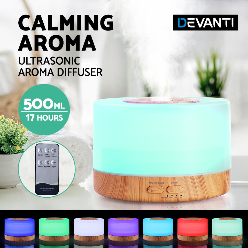 DEVANTI Aroma Diffuser Aromatherapy LED Night Light Air Humidifier Purifier Round Light Wood Grain 500ml Remote Control - KRE Group