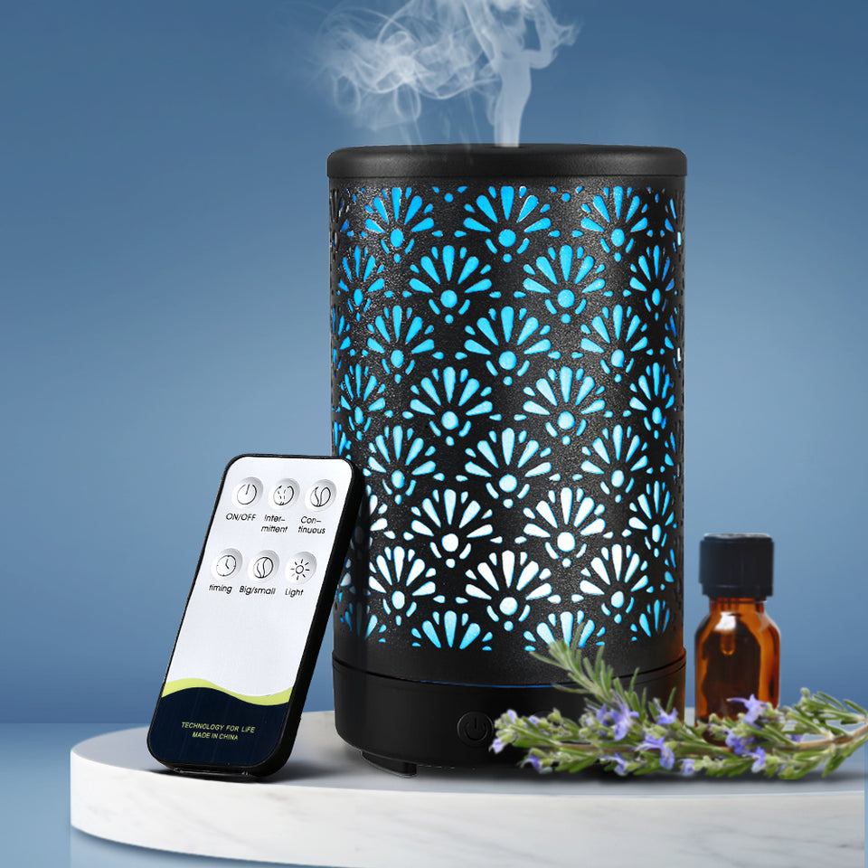 Devanti Aroma Diffuser Aromatherapy Essential Oils Metal Cover Ultrasonic Cool Mist 100ml Remote Control Black - KRE Group