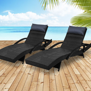 Gardeon Set of 2 Sun Lounge Outdoor Furniture Wicker Lounger Rattan Day Bed Garden Patio Black - KRE Group