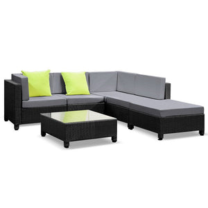 Gardeon 6pcs Outdoor Sofa Lounge Setting Couch Wicker Table Chairs Patio Furniture Black - KRE Group