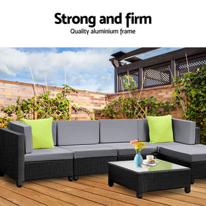 Gardeon 6pcs Outdoor Sofa Lounge Setting Couch Wicker Table Chairs Patio Furniture Black - KRE Group