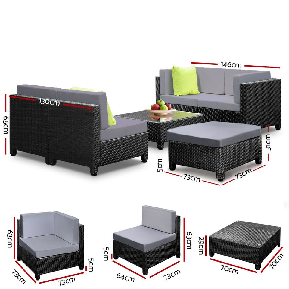 Gardeon 6pcs Outdoor Sofa Lounge Setting Couch Wicker Table Chairs Patio Furniture Black - KRE Group