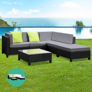 Gardeon 6pcs Outdoor Sofa Lounge Setting Couch Wicker Table Chairs Patio Furniture Black - KRE Group