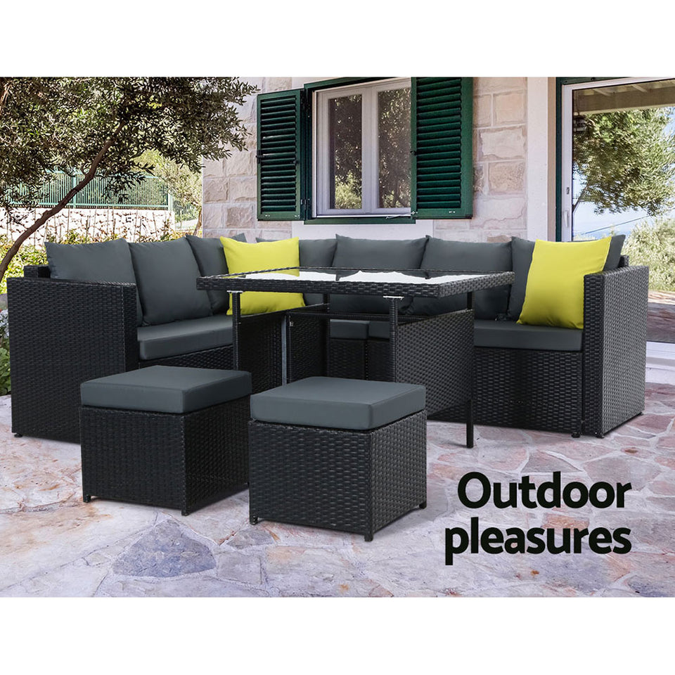 Gardeon Outdoor Furniture Patio Set Dining Sofa Table Chair Lounge Wicker Garden Black - KRE Group