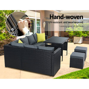 Gardeon Outdoor Furniture Patio Set Dining Sofa Table Chair Lounge Wicker Garden Black - KRE Group