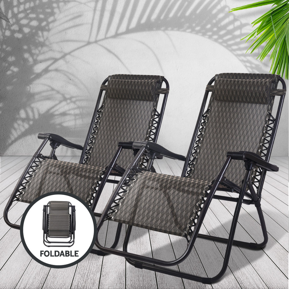 Gardeon Set of 2 Zero Gravity Chairs Reclining Outdoor Furniture Sun Lounge Folding Camping Lounger Grey - KRE Group