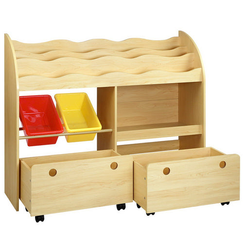 Keezi Kids Bookcase Childrens Bookshelf Toy Storage Box Organizer Display Rack Drawers with Rollers - KRE Group