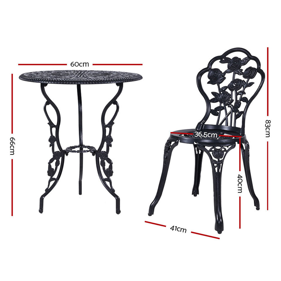 Gardeon 3PC Outdoor Setting Cast Aluminium Bistro Table Chair Patio Black - KRE Group