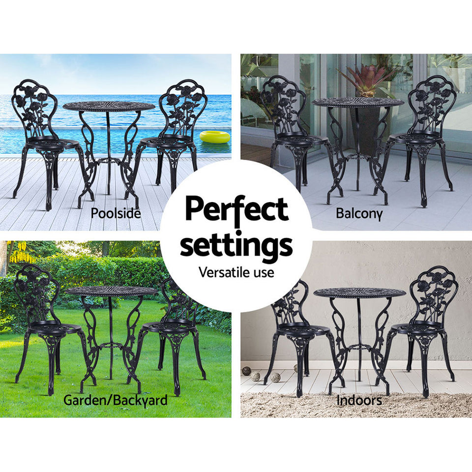 Gardeon 3PC Outdoor Setting Cast Aluminium Bistro Table Chair Patio Black - KRE Group