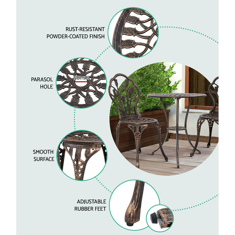 Gardeon 3PC Outdoor Setting Cast Aluminium Bistro Table Chair Patio Bronze - KRE Group