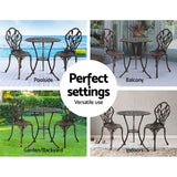 Gardeon 3PC Outdoor Setting Cast Aluminium Bistro Table Chair Patio Bronze - KRE Group