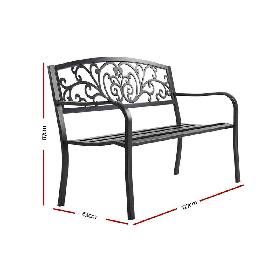 Garden Bench Seat Outdoor Chair Steel Iron Patio Furniture Lounge Porch Lounger Vintage Black Gardeon - KRE Group