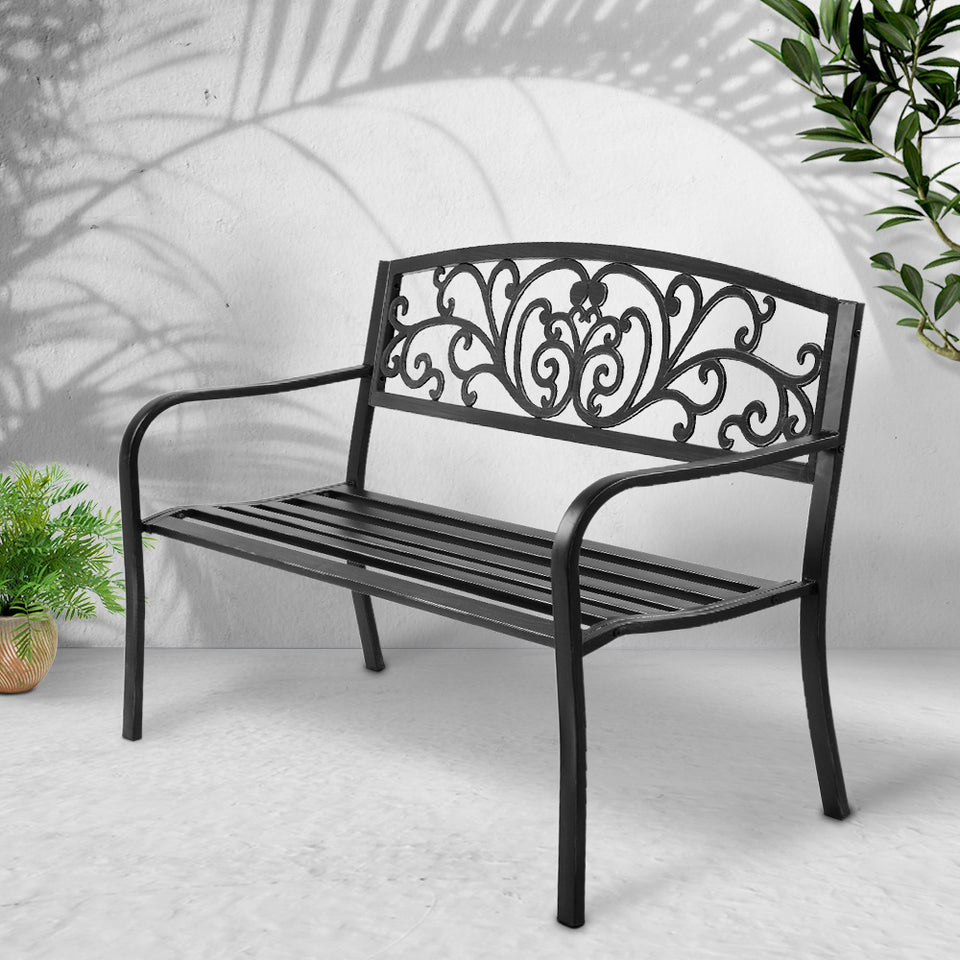 Garden Bench Seat Outdoor Chair Steel Iron Patio Furniture Lounge Porch Lounger Vintage Black Gardeon - KRE Group