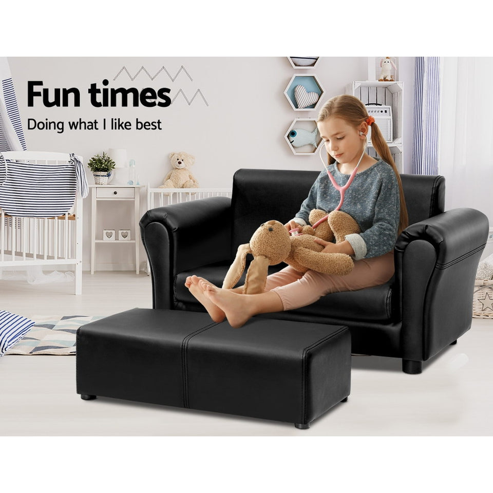 Keezi Kids Sofa Armchair Footstool Set Children Lounge Chair Couch Double Black - KRE Group