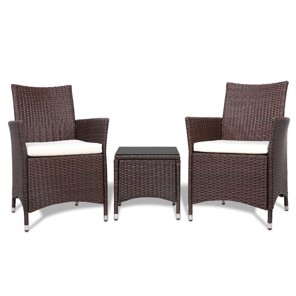 Gardeon 3pc Bistro Wicker Outdoor Furniture Set Brown - KRE Group