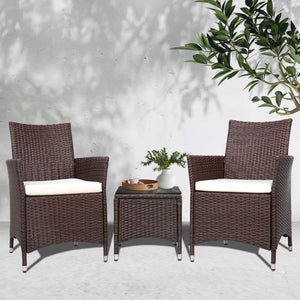 Gardeon 3pc Bistro Wicker Outdoor Furniture Set Brown - KRE Group