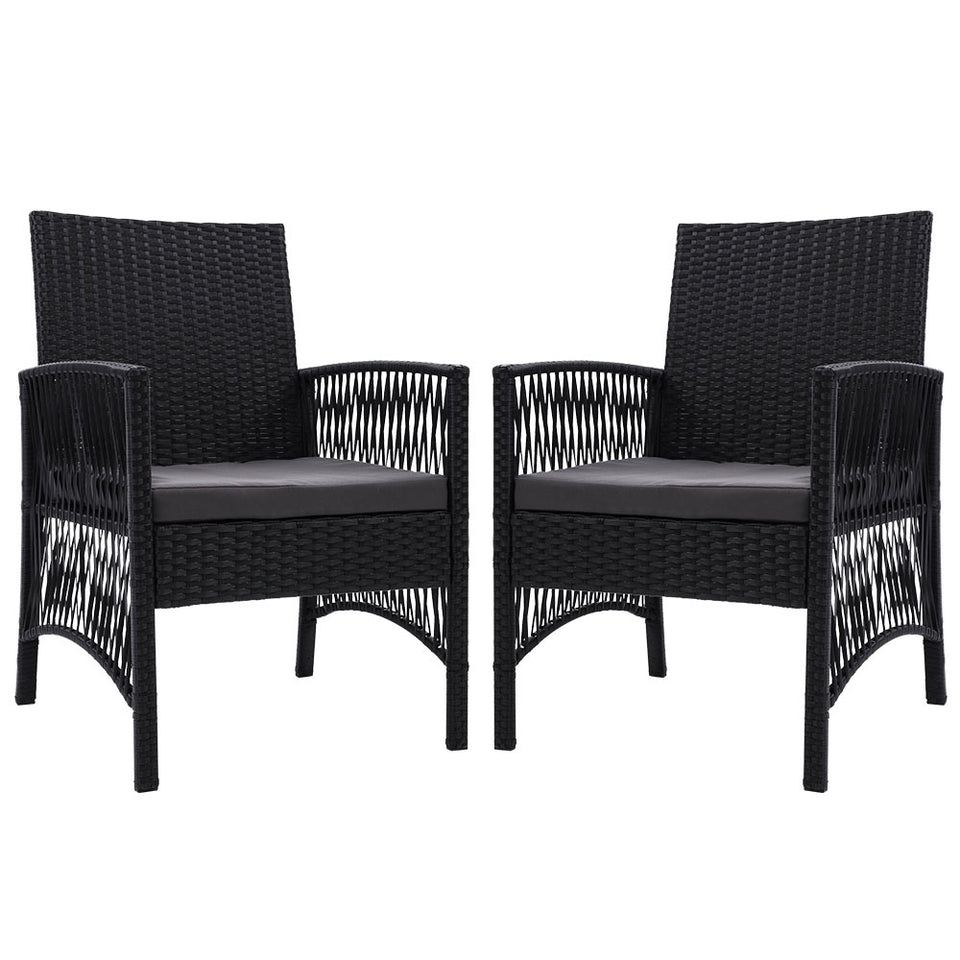 Outdoor Furniture Set of 2 Dining Chairs Wicker Garden Patio Cushion Black Gardeon - KRE Group