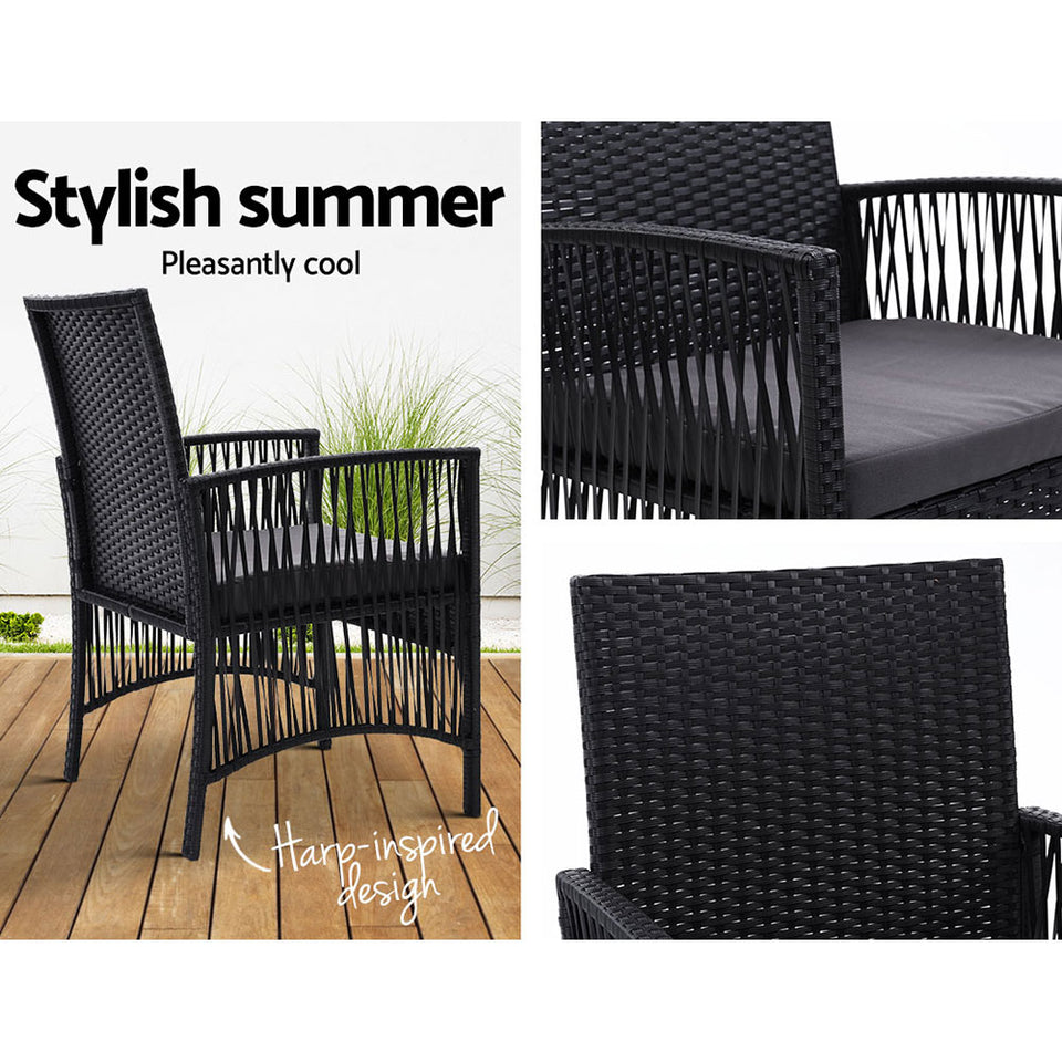 Outdoor Furniture Set of 2 Dining Chairs Wicker Garden Patio Cushion Black Gardeon - KRE Group