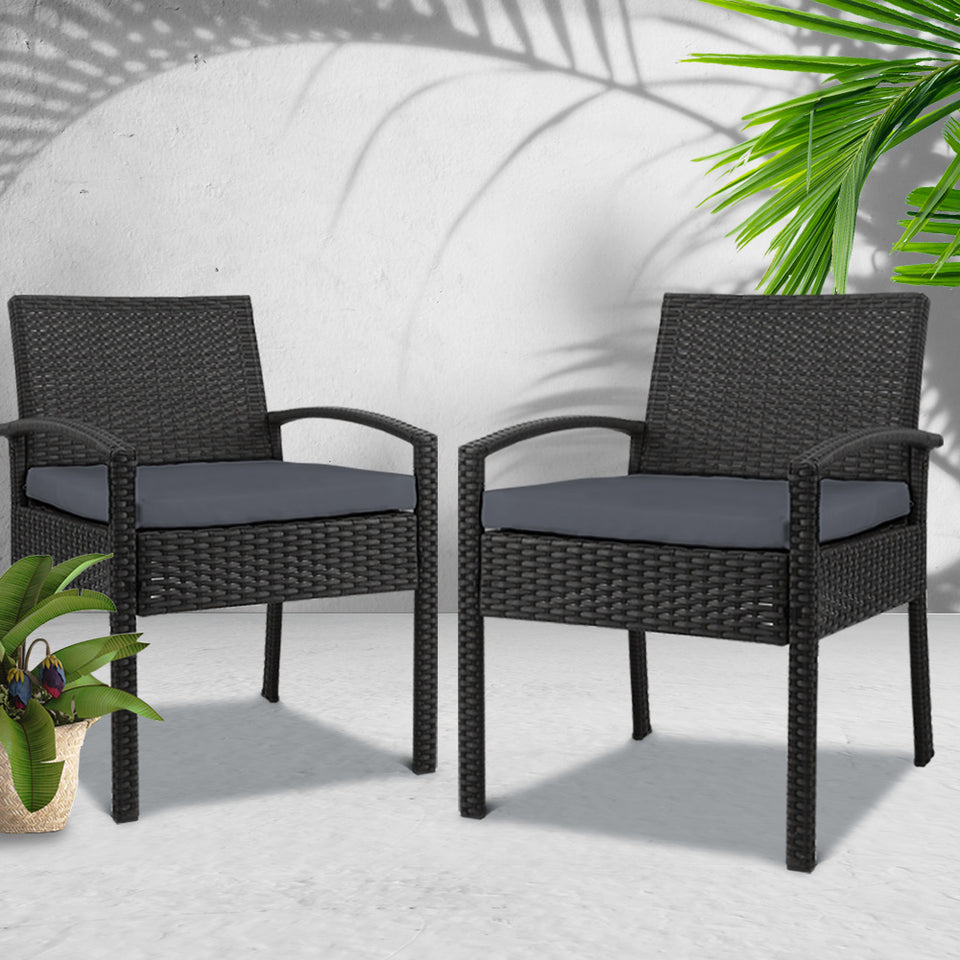 Set of 2 Outdoor Dining Chairs Wicker Chair Patio Garden Furniture Lounge Setting Bistro Set Cafe Cushion Gardeon Black - KRE Group