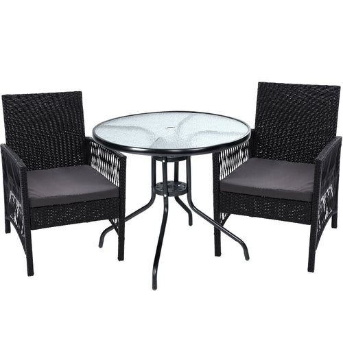 Gardeon Outdoor Furniture Dining Chairs Wicker Garden Patio Cushion Black 3PCS Tea Coffee Cafe Bar Set - KRE Group