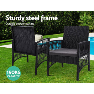 Gardeon Outdoor Furniture Dining Chairs Wicker Garden Patio Cushion Black 3PCS Tea Coffee Cafe Bar Set - KRE Group