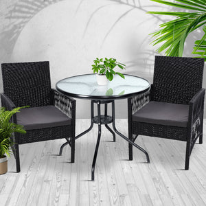 Gardeon Outdoor Furniture Dining Chairs Wicker Garden Patio Cushion Black 3PCS Tea Coffee Cafe Bar Set - KRE Group