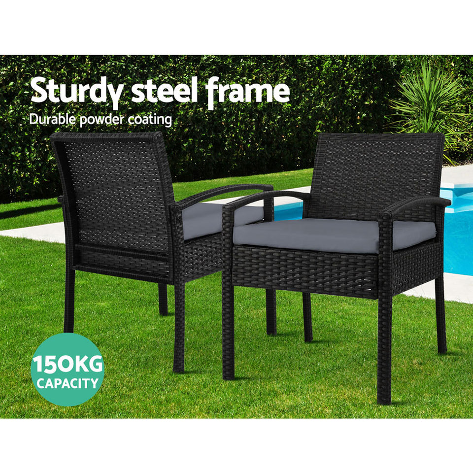 Gardeon Outdoor Furniture Dining Chairs Wicker Garden Patio Cushion Black 3PCS Sofa Set Tea Coffee Cafe Bar Set - KRE Group