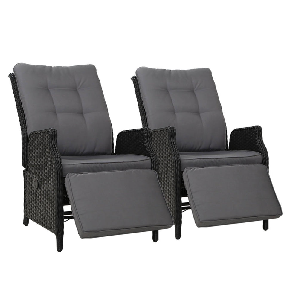 Gardeon Set of 2 Recliner Chairs Sun lounge Outdoor Furniture Setting Patio Wicker Sofa Black - KRE Group