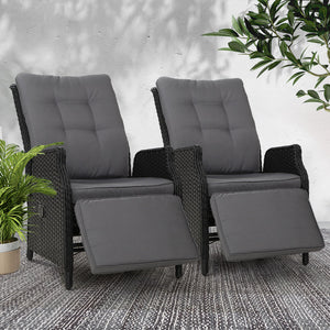 Gardeon Set of 2 Recliner Chairs Sun lounge Outdoor Furniture Setting Patio Wicker Sofa Black - KRE Group