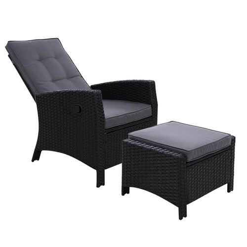 Sun lounge Recliner Chair Wicker Lounger Sofa Day Bed Outdoor Furniture Patio Garden Cushion Ottoman Black Gardeon - KRE Group