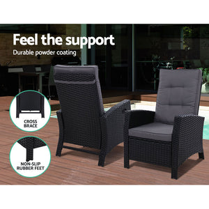 Sun lounge Recliner Chair Wicker Lounger Sofa Day Bed Outdoor Furniture Patio Garden Cushion Ottoman Black Gardeon - KRE Group