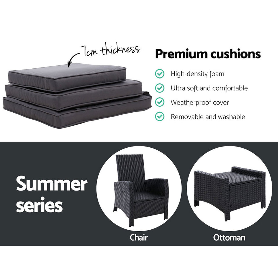 Sun lounge Recliner Chair Wicker Lounger Sofa Day Bed Outdoor Furniture Patio Garden Cushion Ottoman Black Gardeon - KRE Group