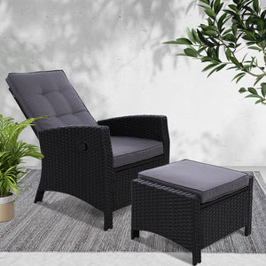 Sun lounge Recliner Chair Wicker Lounger Sofa Day Bed Outdoor Furniture Patio Garden Cushion Ottoman Black Gardeon - KRE Group