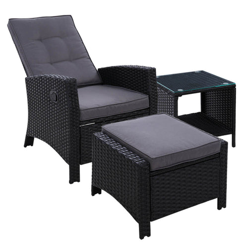 Gardeon Outdoor Setting Recliner Chair Table Set Wicker lounge Patio Furniture Black - KRE Group