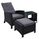 Gardeon Outdoor Setting Recliner Chair Table Set Wicker lounge Patio Furniture Black - KRE Group