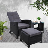 Gardeon Outdoor Setting Recliner Chair Table Set Wicker lounge Patio Furniture Black - KRE Group