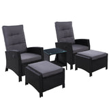 Gardeon Outdoor Patio Furniture Recliner Chairs Table Setting Wicker Lounge 5pc Black - KRE Group