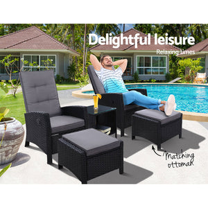 Gardeon Outdoor Patio Furniture Recliner Chairs Table Setting Wicker Lounge 5pc Black - KRE Group