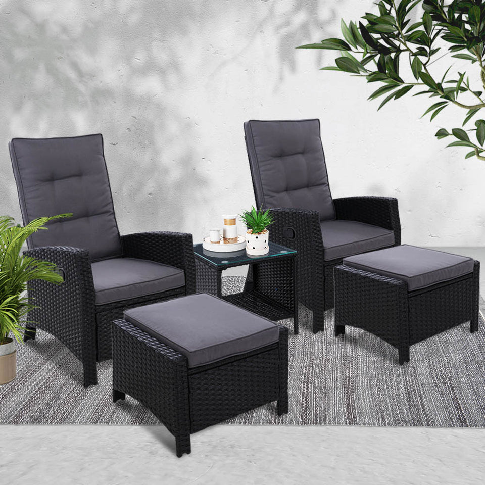 Gardeon Outdoor Patio Furniture Recliner Chairs Table Setting Wicker Lounge 5pc Black - KRE Group