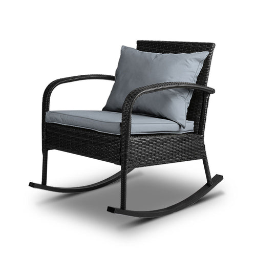 Gardeon Outdoor Furniture Rocking Chair Wicker Garden Patio Lounge Setting Black - KRE Group