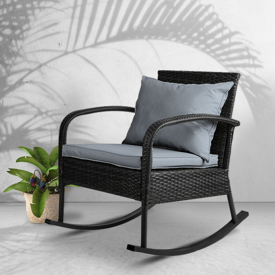 Gardeon Outdoor Furniture Rocking Chair Wicker Garden Patio Lounge Setting Black - KRE Group