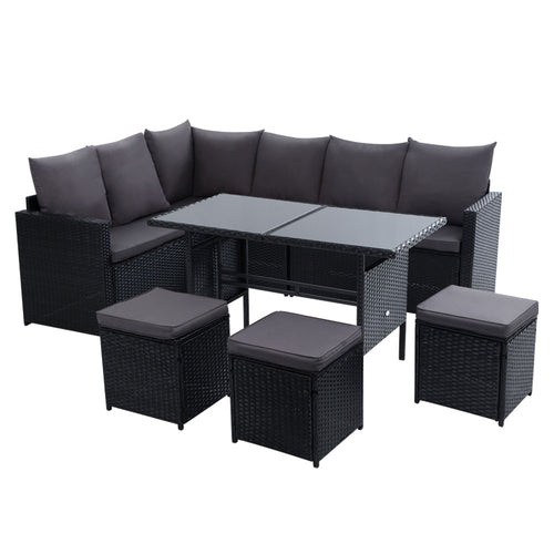 Gardeon Outdoor Furniture Dining Setting Sofa Set Lounge Wicker 9 Seater Black - KRE Group