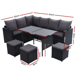 Gardeon Outdoor Furniture Dining Setting Sofa Set Lounge Wicker 9 Seater Black - KRE Group