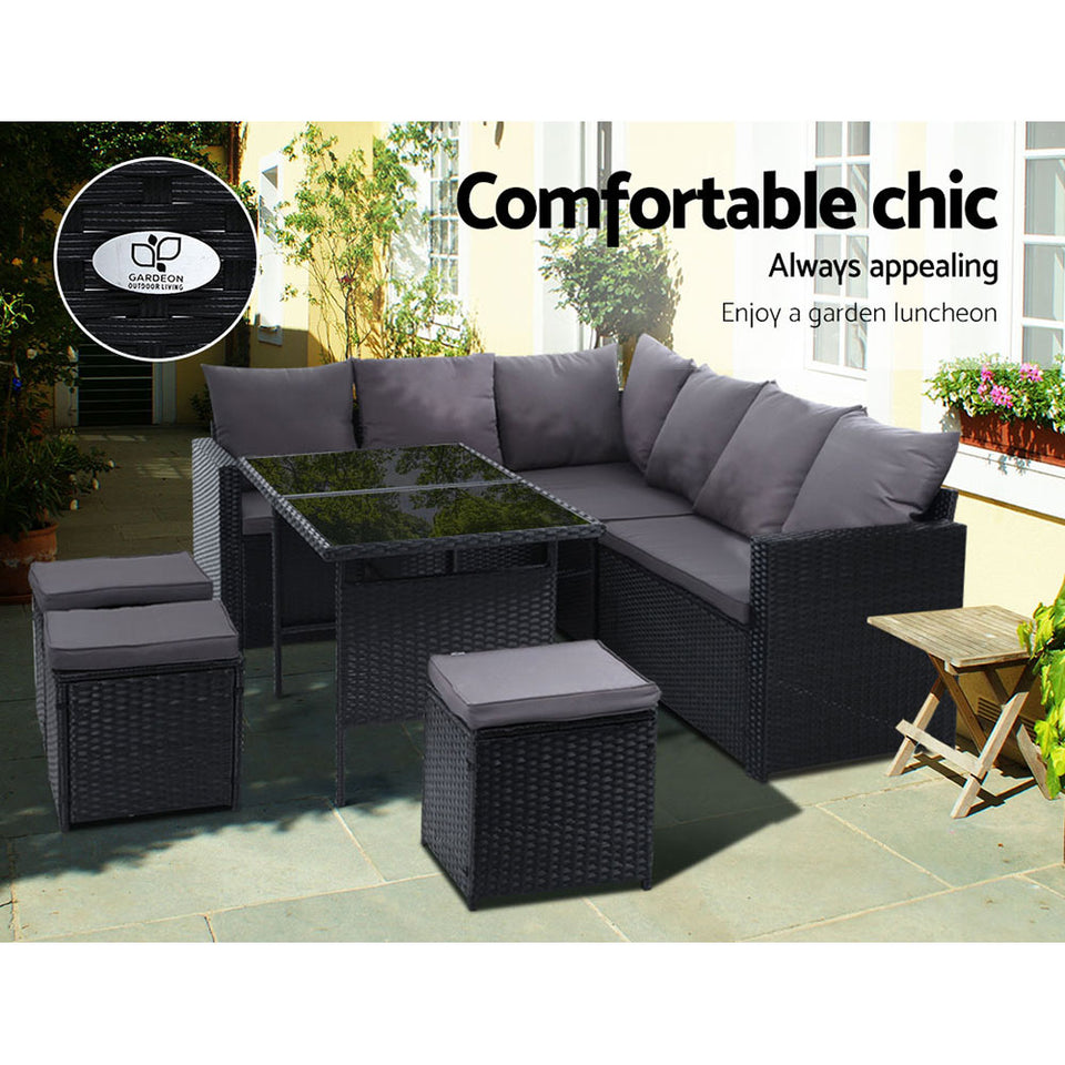 Gardeon Outdoor Furniture Dining Setting Sofa Set Lounge Wicker 9 Seater Black - KRE Group