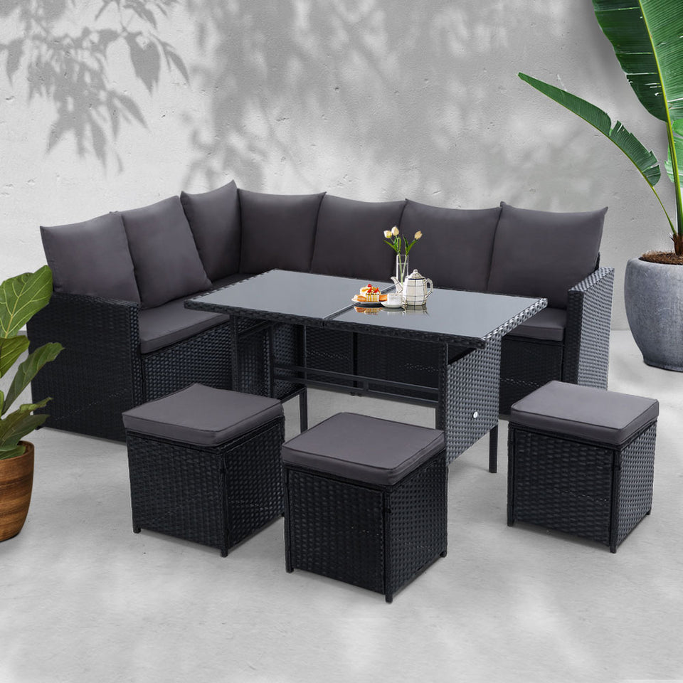 Gardeon Outdoor Furniture Dining Setting Sofa Set Lounge Wicker 9 Seater Black - KRE Group