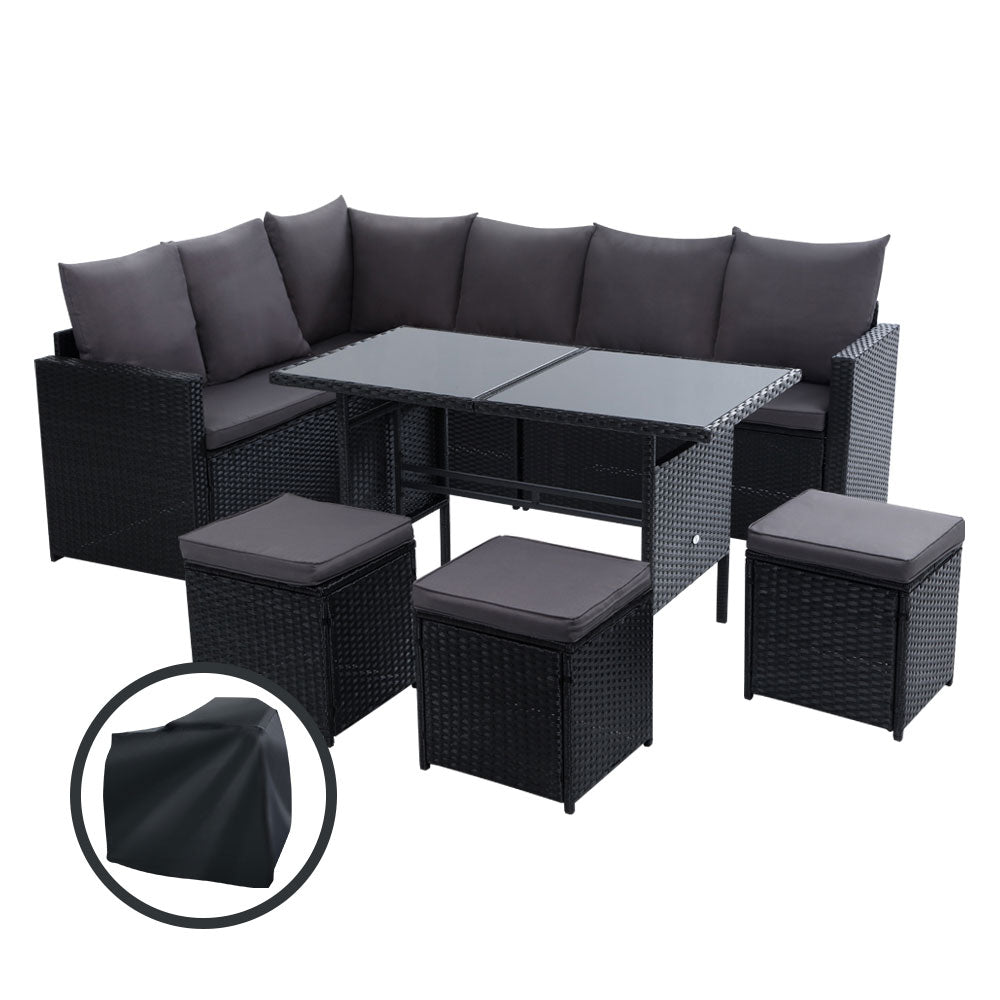 Gardeon Outdoor Furniture Dining Setting Sofa Set Wicker 9 Seater Storage Cover Black - KRE Group