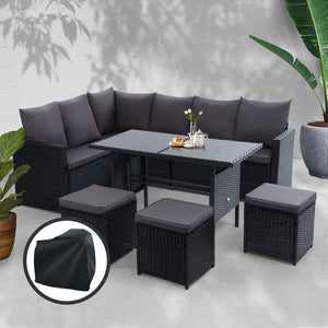 Gardeon Outdoor Furniture Dining Setting Sofa Set Wicker 9 Seater Storage Cover Black - KRE Group