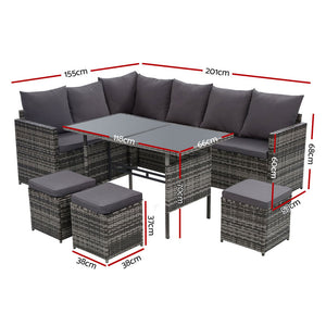 Gardeon Outdoor Furniture Dining Setting Sofa Set Lounge Wicker 9 Seater Mixed Grey - KRE Group